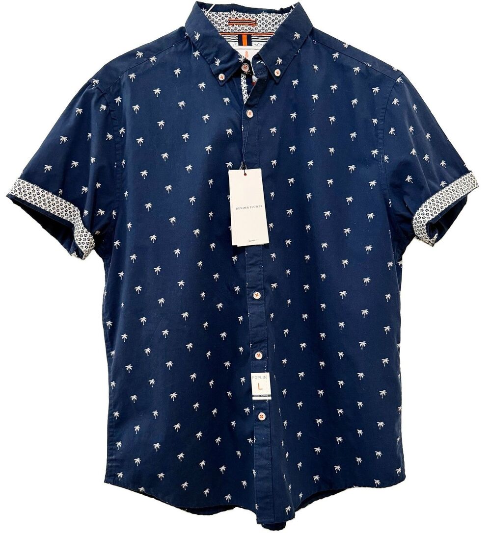 NWT Denim & Flower Ricky Singh Mens L Slim Fit Palm Tree Poplin Shirt Blue